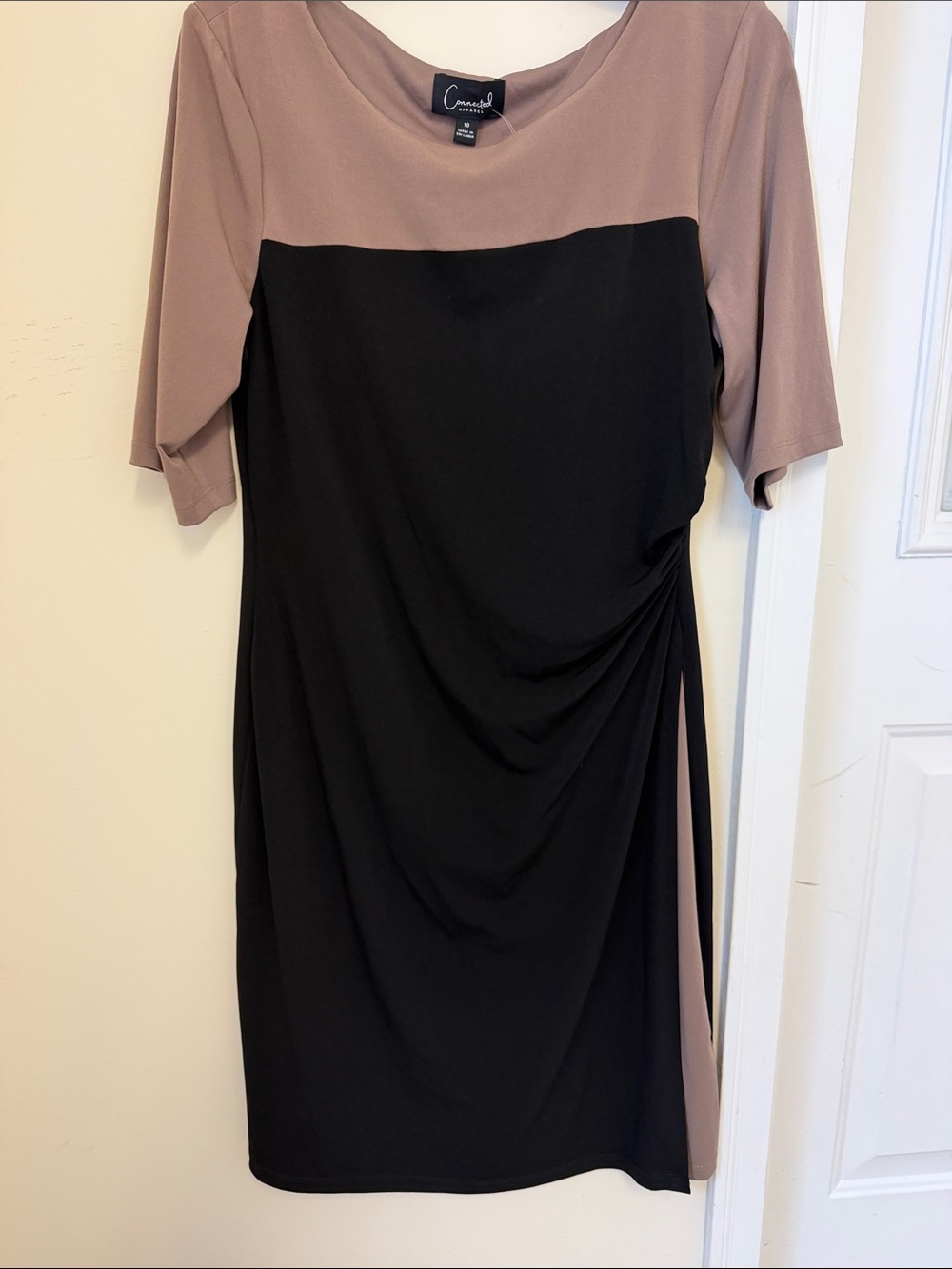 connected apparel Black and Taupe Two-Tone Draped Midi Dress